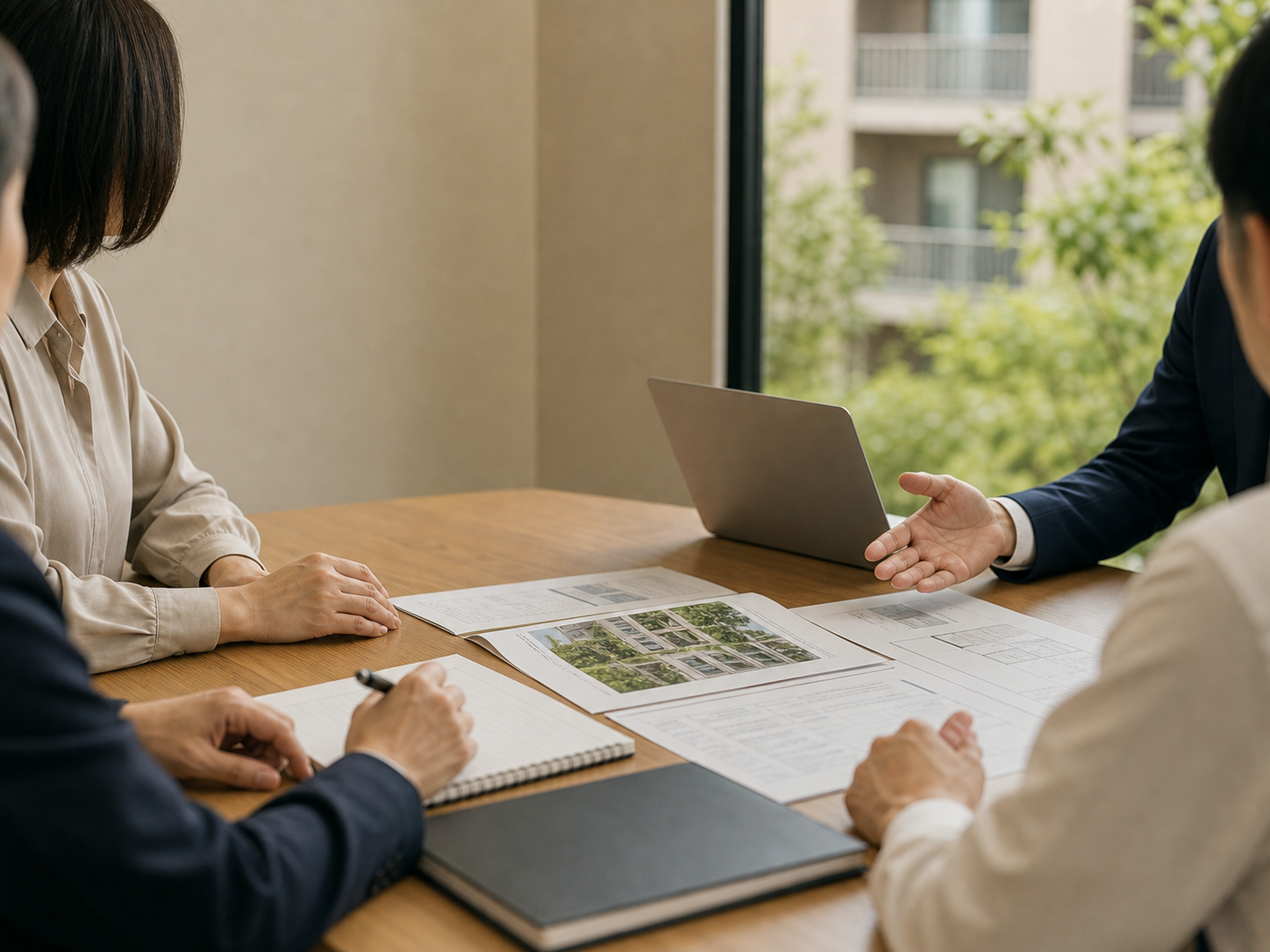 理事会の面談で資料を確認しながら課題を整理している様子